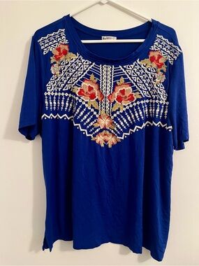JODIFL Royal Blue Short Sleeve Scoop Neck Top with Floral Embroidery
